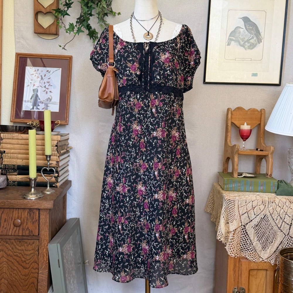 Black Floral Lace Trim Babydoll Dress Whimsygoth Cottagecore 18 XL Girly Grunge